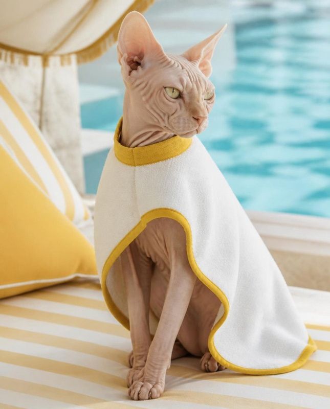 Sphynx cat in a white terry pool cape with yellow piping