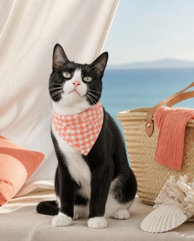 Tuxedo cat in a coral gingham bandana