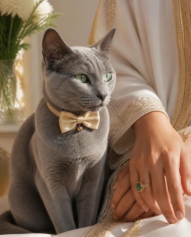 Russian Blue cat in a gold silk bow tie