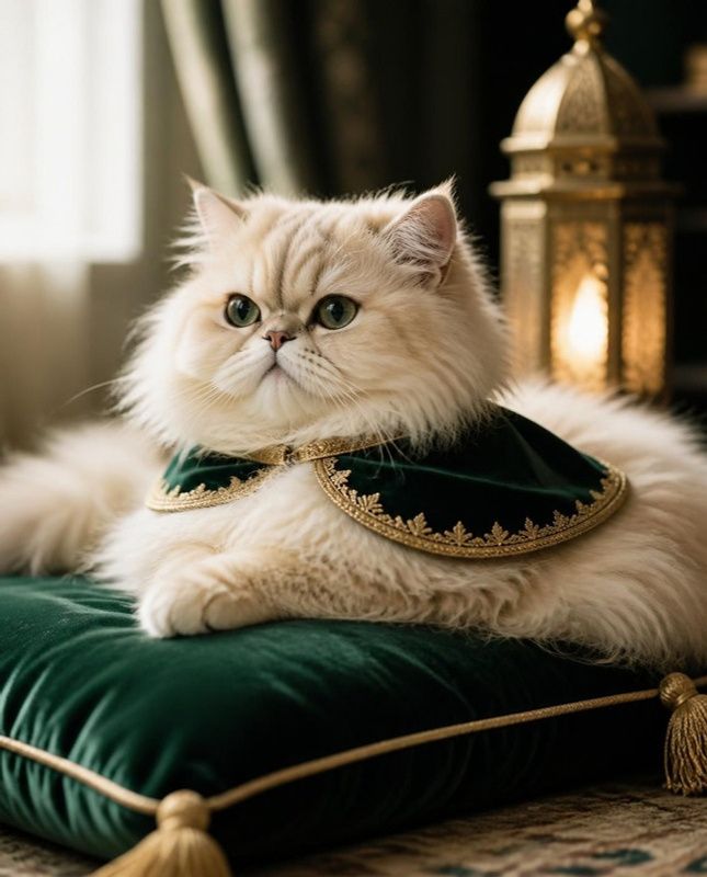 Cream Persian cat wearing an emerald collar cape with a gold zari edge