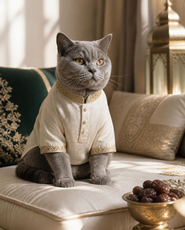 British Shorthair in an ivory mini kurta with gold collar