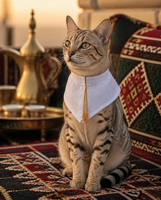 Arabian Mau cat in a white kandura collar bib with gold tassel