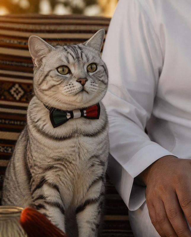 Silver tabby in a green, white and red bow tie