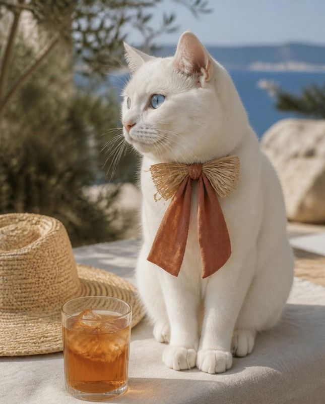 White cat in a raffia bow with linen tails