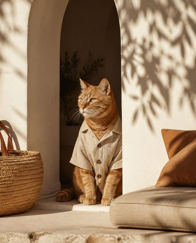 Ginger tabby in a sand linen camp shirt